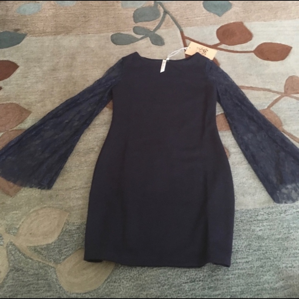 Navy Blue Lace Sleeve Dress - Picture 9 of 11